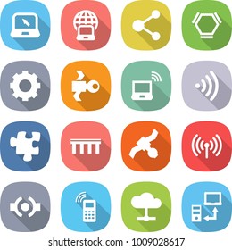 flat vector icon set - notebook vector, globe, molecule, hex, gear, satellite, wireless, puzzle, bridge, connect, mobile phone, cloud, data transfer