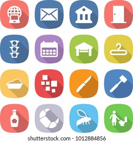 flat vector icon set - notebook globe vector, mail, library, door, traffic light, calendar, garage, hanger, washing, blocks, knife, meat hammer, ketchup, croissant, wasp, toilet cleaning