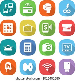 flat vector icon set - notebook connect vector, tap to pay, virtual mask, infinity power, cpu, electrostatic, mobile, market scales, calculator, camera, tv, led, coil, wireless, usb flash