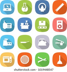 flat vector icon set - notebook vector, round flask, tomography, ruler, phone, customs control, transporter tape, speaker, factory, pan, kettle, garlic clasp, grill oven, sieve, pruner, plunger