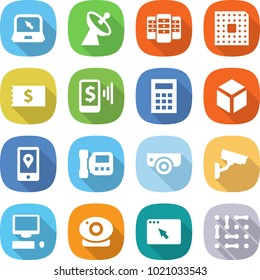 flat vector icon set - notebook vector, satellite antenna, server, cpu, receipt, mobile pay, calculator, 3d, location, intercome, surveillance camera, computer, web, browser window, circuit