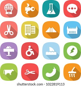flat vector icon set - notebook globe vector, satellite, flask, balloon, scissors, houses, pyramid, gothic architecture, restaurant, invalid, shark flipper, electricity, cow, eggplant