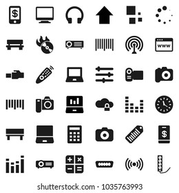 Flat vector icon set - notebook pc vector, laptop graph, arrow up, clock, barcode, music hit, camera, antenna, equalizer, remote control, headphones, hdmi, cloud lock, browser, lan connector, bench