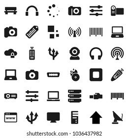 Flat vector icon set - notebook pc vector, arrow up, barcode, music hit, camera, antenna, remote control, headphones, stop button, hdmi, cloud lock, big data, browser, equalizer, lan connector, web