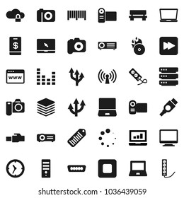 Flat vector icon set - notebook pc vector, laptop graph, clock, barcode, music hit, camera, equalizer, stop button, forward, hdmi, cloud lock, big data, browser, lan connector, bench, loading, video