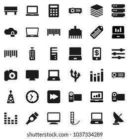 Flat vector icon set - notebook pc vector, laptop graph, clock, barcode, camera, antenna, equalizer, remote control, forward button, hdmi, cloud lock, big data, lan connector, bench, route arrow