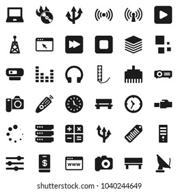 Flat vector icon set - notebook pc vector, clock, barcode, music hit, camera, antenna, equalizer, remote control, headphones, play button, stop, forward, big data, browser, lan connector, bench, web