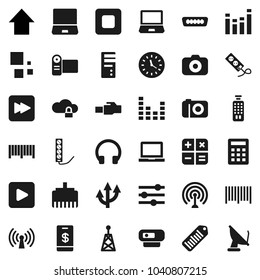 Flat vector icon set - notebook pc vector, arrow up, clock, barcode, camera, antenna, equalizer, remote control, headphones, play button, stop, forward, hdmi, cloud lock, lan connector, loading, web