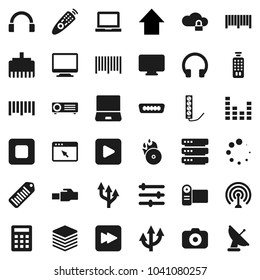 Flat vector icon set - notebook pc vector, arrow up, barcode, music hit, camera, antenna, equalizer, remote control, headphones, play button, stop, forward, hdmi, cloud lock, big data, browser