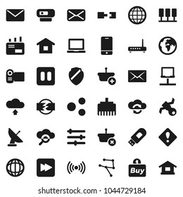 Flat vector icon set - notebook pc vector, world, earth, satellite, mobile phone, mail, pause button, forward, network, server, cloud glass, exchange, equalizer, shield, usb modem, lan connector