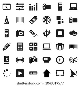 Flat vector icon set - notebook pc vector, arrow up, clock, barcode, camera, antenna, equalizer, remote control, play button, stop, cloud lock, big data, browser, loading, route, wireless, tap pay