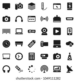 Flat vector icon set - notebook pc vector, laptop graph, clock, barcode, camera, antenna, headphones, play button, hdmi, cloud lock, big data, browser, lan connector, bench, loading, wireless, video