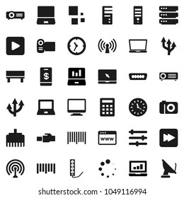Flat vector icon set - notebook pc vector, laptop graph, clock, barcode, antenna, play button, forward, hdmi, big data, browser, equalizer, lan connector, bench, loading, route arrow, wireless