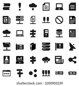 Flat vector icon set - notebook pc vector, document, personal information, laptop graph, binder, prohibition sign, signpost, attention, satellite antenna, newspaper, server, network folder, cloud