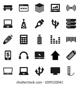Flat vector icon set - notebook pc vector, laptop graph, arrow up, barcode, antenna, equalizer, remote control, headphones, hdmi, big data, browser, bench, route, wireless, calculator, tap pay