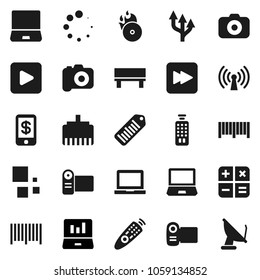 Flat vector icon set - notebook pc vector, laptop graph, barcode, music hit, camera, remote control, play button, forward, lan connector, bench, loading, route arrow, wireless, calculator, tap pay