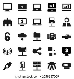 Flat vector icon set - notebook pc vector, laptop graph, monitor dollar, support, hdmi, network, folder, server, big data, lan connector, share, cloud download, loading, document, unlock, wireless
