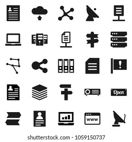 Flat vector icon set - notebook pc vector, document, personal information, laptop graph, binder, signpost, attention, satellite antenna, network, big data, server, browser, share, cloud upload, open