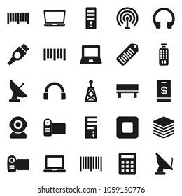Flat vector icon set - notebook pc vector, barcode, antenna, remote control, headphones, stop button, hdmi, big data, bench, calculator, tap pay, video camera, computer, web, satellite