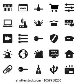 Flat vector icon set - notebook pc vector, cart, earth, dry cargo, antenna, video camera, forward button, diagnostic monitor, connect, browser, equalizer, menu, shield, firewall, hub, router, key