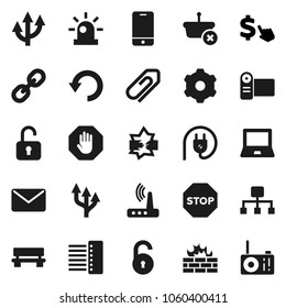 Flat vector icon set - notebook pc vector, dollar cursor, mobile phone, link, disconnection, gear, firewall, hub, router, bench, undo, hierarchy, route arrow, attachment, unlock, stop, siren, basket