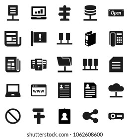 Flat vector icon set - notebook pc vector, document, personal information, laptop graph, binder, prohibition sign, signpost, attention, newspaper, server, network folder, cloud, browser, share, open