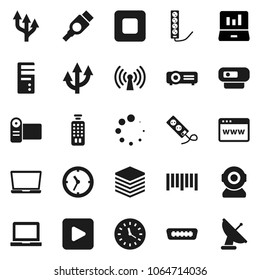 Flat vector icon set - notebook pc vector, laptop graph, clock, barcode, remote control, play button, stop, hdmi, big data, browser, loading, route arrow, wireless, video camera, computer, web