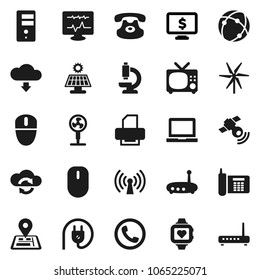 Flat vector icon set - notebook pc vector, monitor dollar, heart, navigator, phone, satellitie, classic, microscope, diagnostic, connection, cloud exchange, server, router, download, solar panel, tv