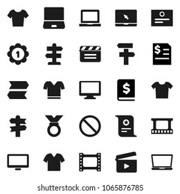 Flat vector icon set - notebook pc vector, certificate, annual report, t shirt, medal, prohibition sign, signpost, cinema clap, film frame, monitor, clothes
