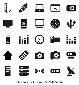 Flat vector icon set - notebook pc vector, arrow up, clock, barcode, camera, equalizer, remote control, big data, browser, route, wireless, tap pay, monitor, video, computer, web, projector