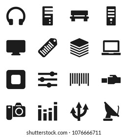 Flat vector icon set - notebook pc vector, barcode, equalizer, headphones, stop button, big data, lan connector, bench, route arrow, monitor, camera, computer, satellite antenna