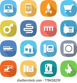 flat vector icon set - notebook vector, phone wireless, hoverboard, cart, male sign, intestines, bridge, train, home, intercome, ring button, helicopter, office, kettle, fire
