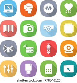 flat vector icon set - notebook vector, virtual mask, crypto currency, cardio chip, bar code, camera, surveillance, cpu, antenna, server, remote control, web, setup, usb flash, sim card