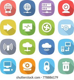 flat vector icon set - notebook globe vector, connect, server, web cam, right arrow, monitor pulse, cooler fan, surveillance camera, antenna, cloud, service, data transfer, computer, lock, trash bin