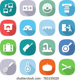 flat vector icon set - notebook connect vector, money, donut, column, presentation, dome house, bridge, courier delivery, suitcase, water tap, pan, whisk, thermometer, pumpkin, pruner