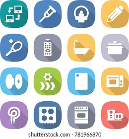 flat vector icon set - notebook connect vector, crutch, tomography, pencil, tennis, remote control, bath, pan, coil, conveyor, cutting board, grill oven, elecric, hob, food processor