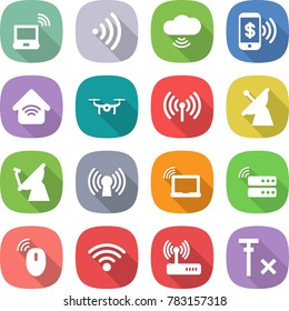 flat vector icon set - notebook wireless vector, cloud, phone pay, home, drone, satellite antenna, laptop wifi, server, mouse, router, no signal
