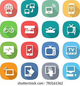 flat vector icon set - notebook globe vector, connect, wireless, phone, smart glasses, market scales, tv, monitor pulse, mobile checking, laptop wifi, touchscreen, computer