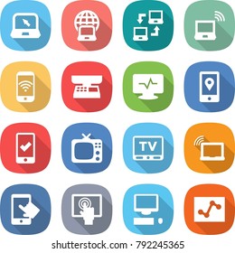 flat vector icon set - notebook vector, globe, connect, wireless, phone, market scales, monitor pulse, mobile location, checking, tv, laptop wifi, touchscreen, computer, analytics