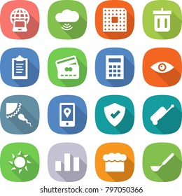 flat vector icon set - notebook globe vector, cloud wireless, cpu, bin, clipboard, credit card, calculator, eye, sperm, mobile location, protected, suitcase, sun, chart, chief hat, ladle