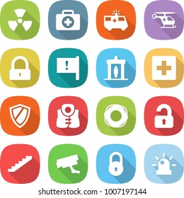 flat vector icon set - nuclear vector, doctor case, ambulance car, helicopter, lock, important flag, detector, first aid, shield, life vest, lifebuoy, unlocked, stairs, surveillance camera, siren