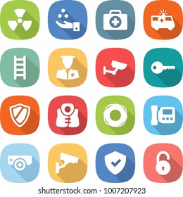 flat vector icon set - nuclear vector, chemical industry, doctor case, ambulance car, ladder, security man, surveillance, key, shield, life vest, lifebuoy, intercome, camera, unlock