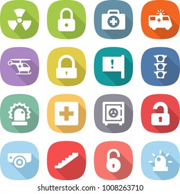 flat vector icon set - nuclear vector, lock, doctor case, ambulance car, helicopter, important flag, traffic light, alarm, first aid, safe, unlocked, surveillance camera, stairs, unlock, siren