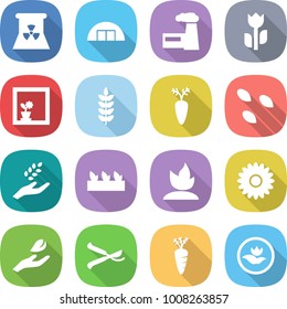flat vector icon set - nuclear power vector, hangare, factory, perishable, flower in window, spike, carrot, seeds, harvest, seedling, sprouting, hand leaf, pruner, ecology