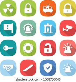 flat vector icon set - nuclear vector, lock, ambulance car, important flag, alarm, detector, surveillance, key, lifebuoy, unlocked, camera, stairs, shield, siren