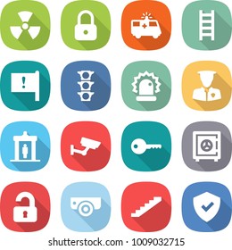 flat vector icon set - nuclear vector, lock, ambulance car, ladder, important flag, traffic light, alarm, security man, detector, surveillance, key, safe, unlocked, camera, stairs, shield