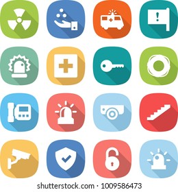 flat vector icon set - nuclear vector, chemical industry, ambulance car, important flag, alarm, first aid, key, lifebuoy, intercome, surveillance camera, stairs, shield, unlock, siren