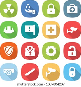 flat vector icon set - nuclear vector, chemical industry, lock, doctor case, building helmet, important flag, first aid, surveillance, shield, life vest, lifebuoy, unlocked, camera, stairs