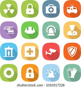 flat vector icon set - nuclear vector, lock, doctor case, ambulance car, helicopter, building helmet, alarm, security man, detector, first aid, surveillance, shield, lifebuoy, locked, siren, gloves