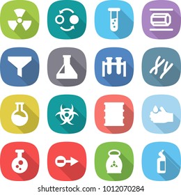 flat vector icon set - nuclear vector, quantum bond, vial, nano tube, funnel, flask, test, chromosomes, biohazard, barrel, acid, chemical, electron, fertilizer, toilet cleanser